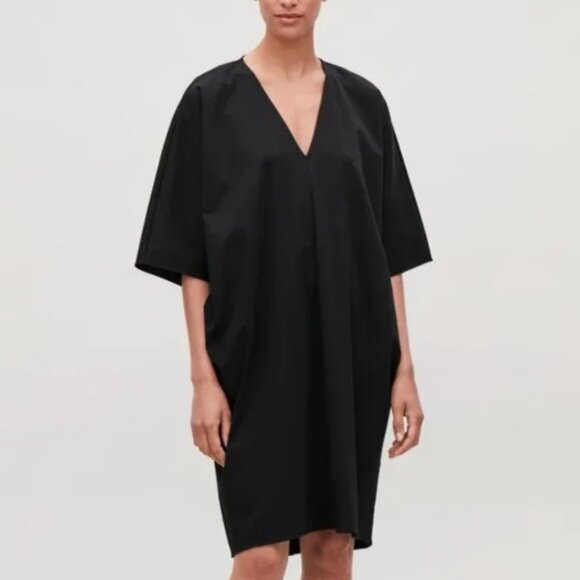 COS Oversized 100% Cotton Black V-Neck Relaxed Dress - Picture 1 of 10